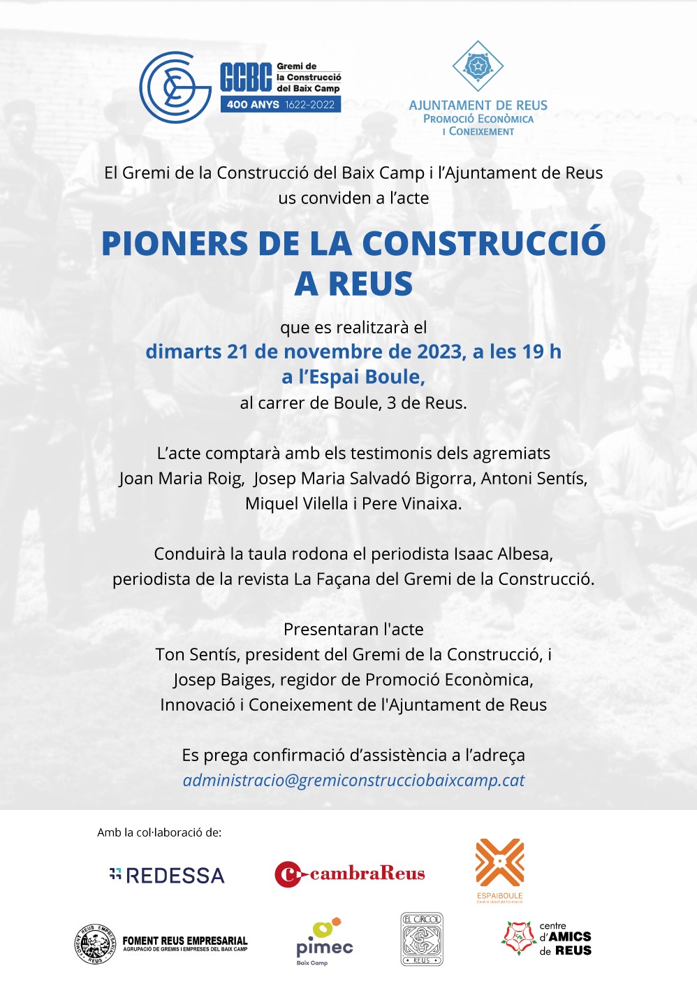 El Gremi de la Construcció i l'Ajuntament de Reus realcen el testimoni dels pioners de la construcció a Reus